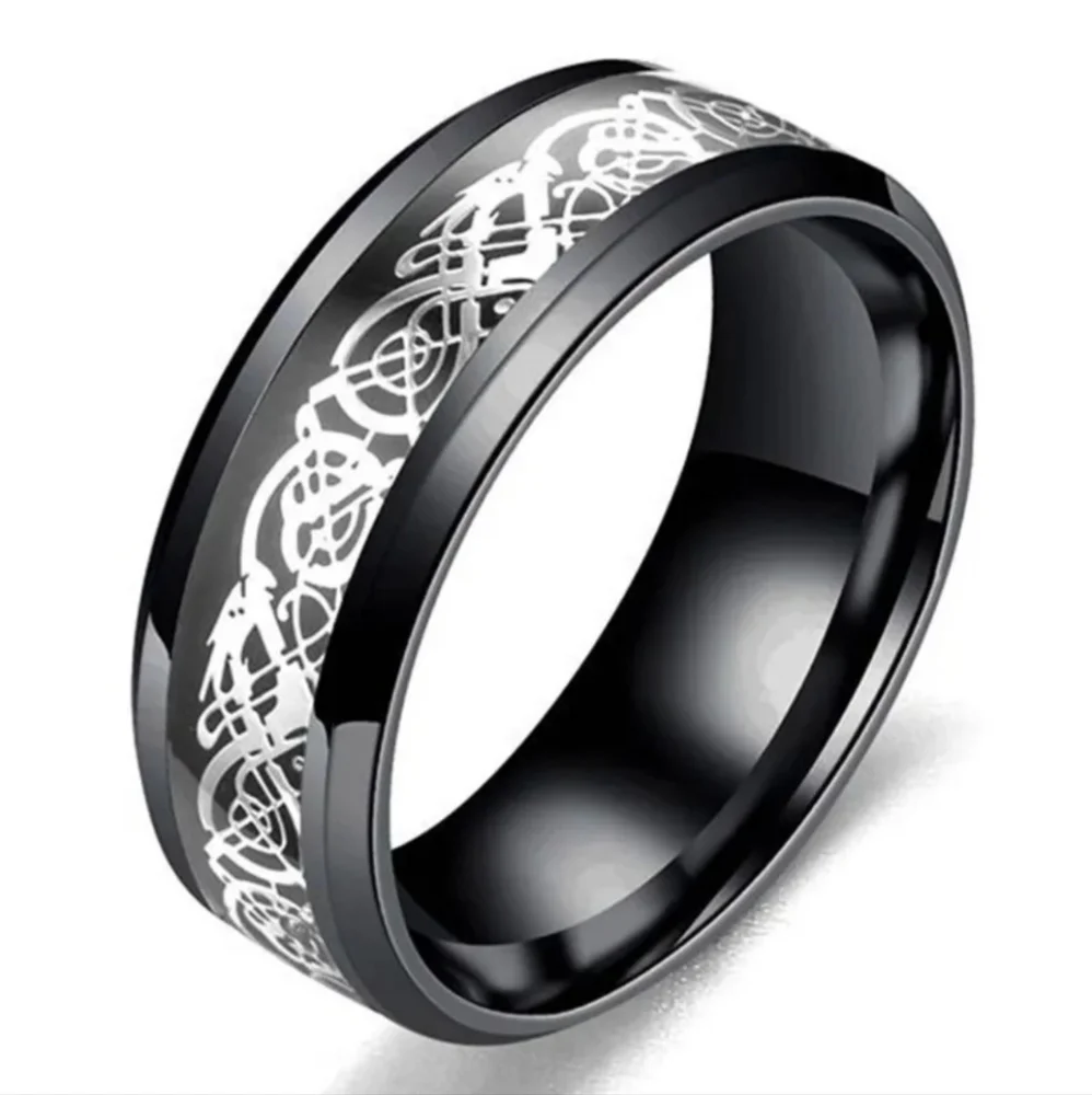 Silver Tungsten Black Dragon Carbon Fiber Inlay 8mm Wide Beveled Edge Band Ring